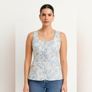 Commense Jacquard Peplum Style Vest Off‎ White With Blue Floral Pattern Size XL